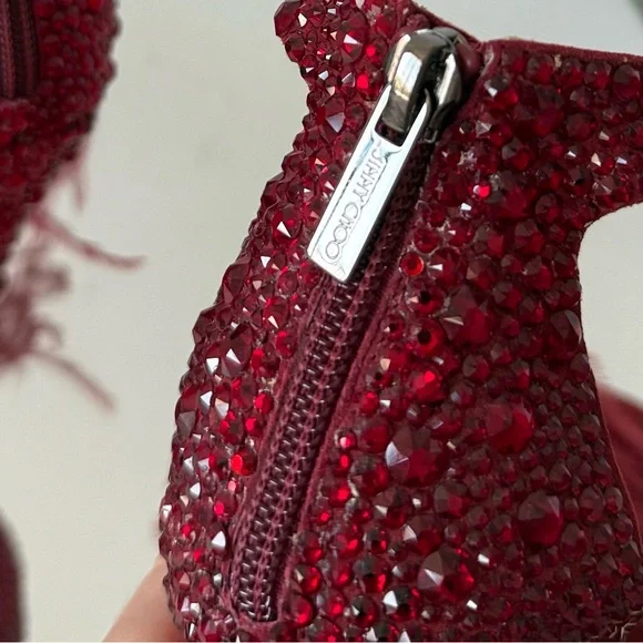 New Jimmy Choo VIOLA 110 Suede Crystal Sandals Red Ostrich Feather Tassel - Picture 17 of 17
